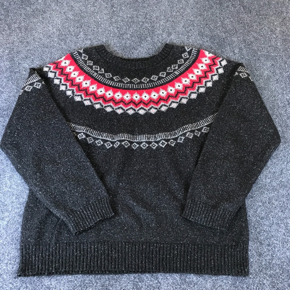 Weatherproof Vintage Sweater Womens L Black Fair Isle Print Ribbed Hem Read